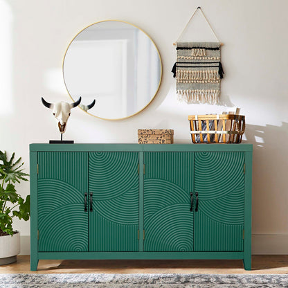 Dark green mid-century modern 4-door accent cabinet with metal handles in a dining room