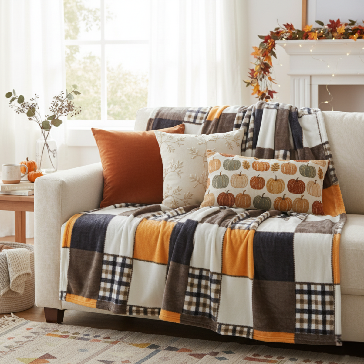 Fall Orange Farmhouse Plaid Patchwork Micro Fleece Throw Blanket – view 7