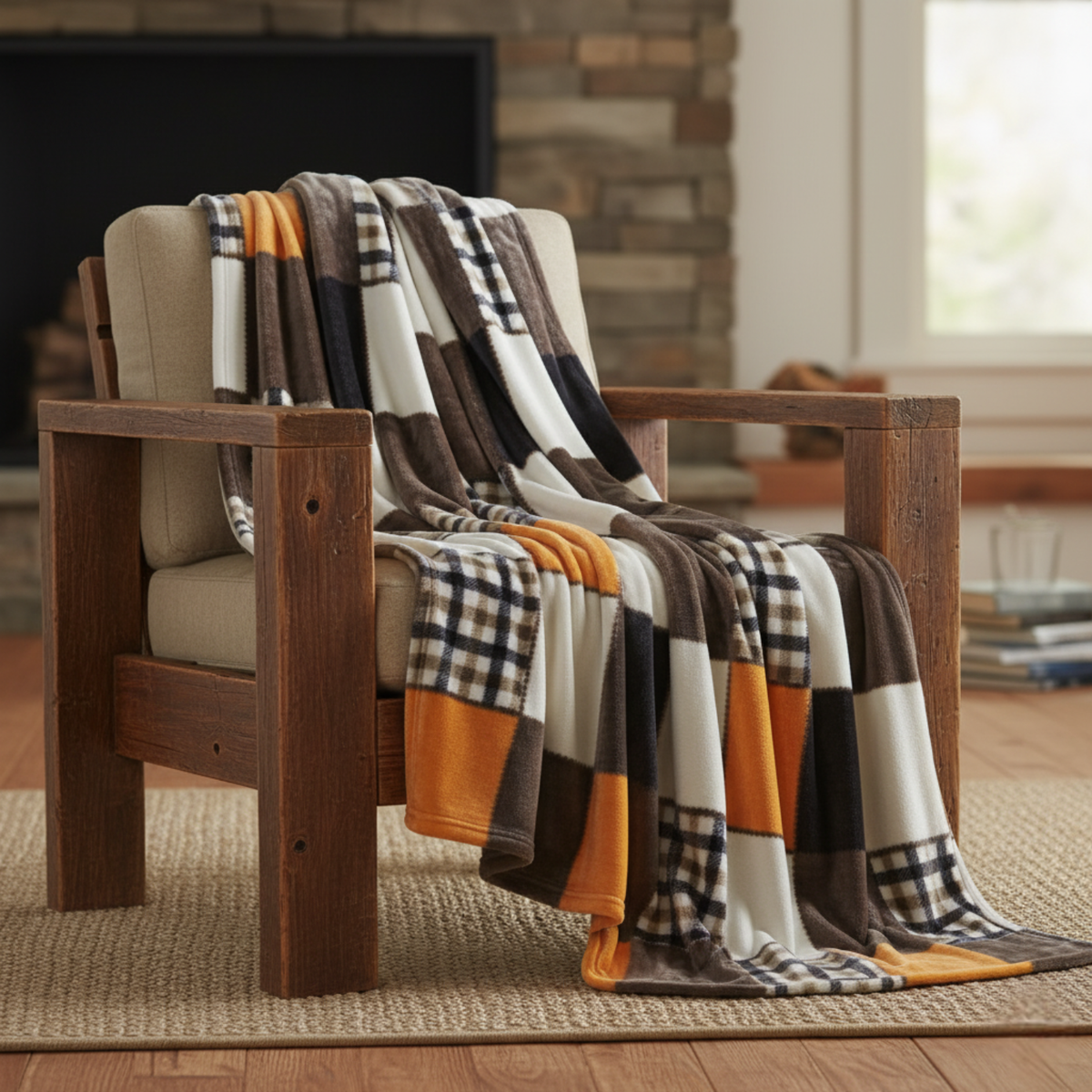 Fall Orange Farmhouse Plaid Patchwork Micro Fleece Throw Blanket – view 2