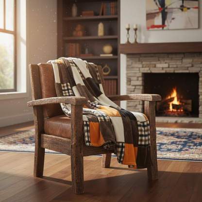 Fall Orange Farmhouse Plaid Patchwork Micro Fleece Throw Blanket – view 8