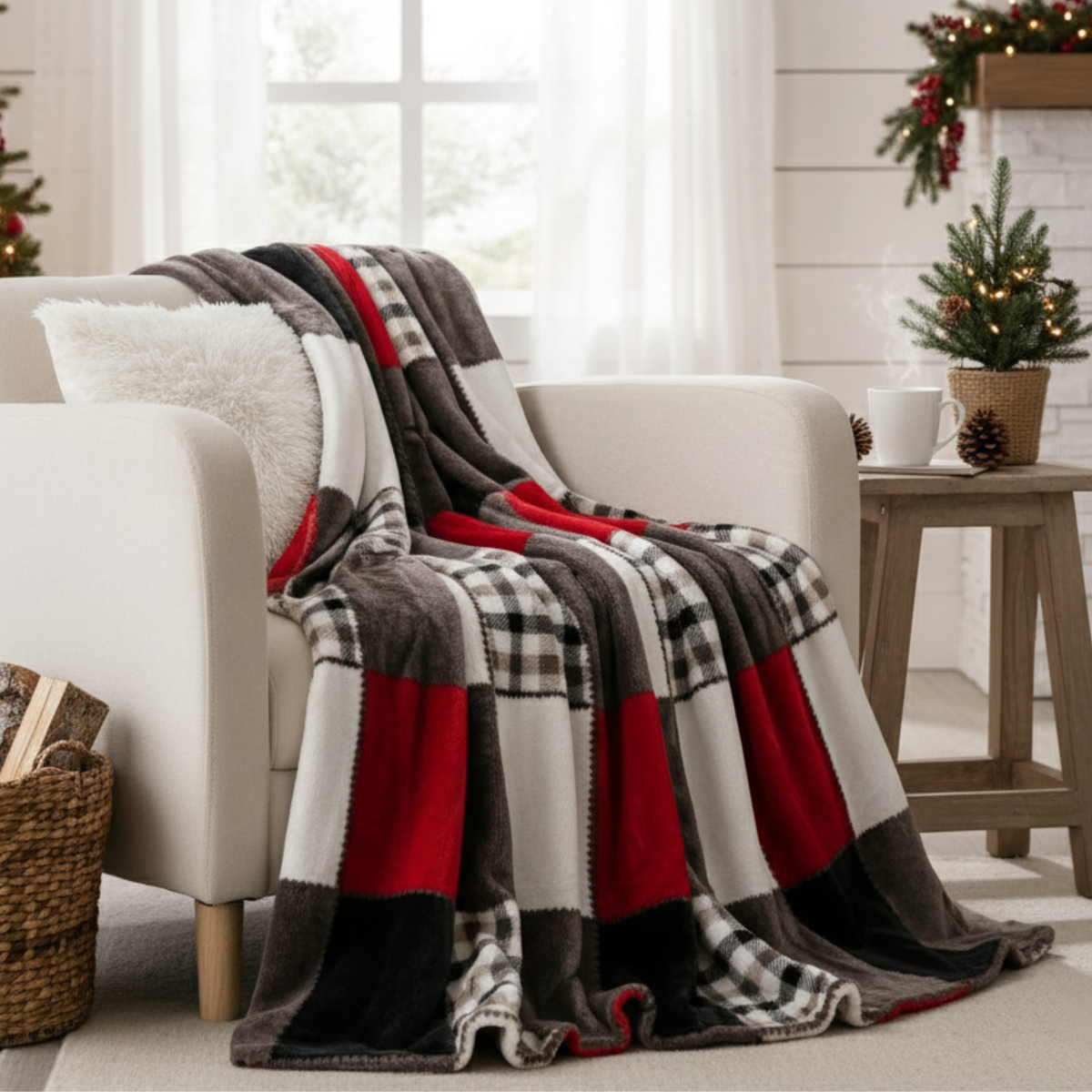 Sunset Maple Farmhouse Plaid Patchwork Fleece Throw Blanket – view 6