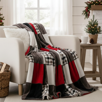 Sunset Maple Farmhouse Plaid Patchwork Fleece Throw Blanket – view 6