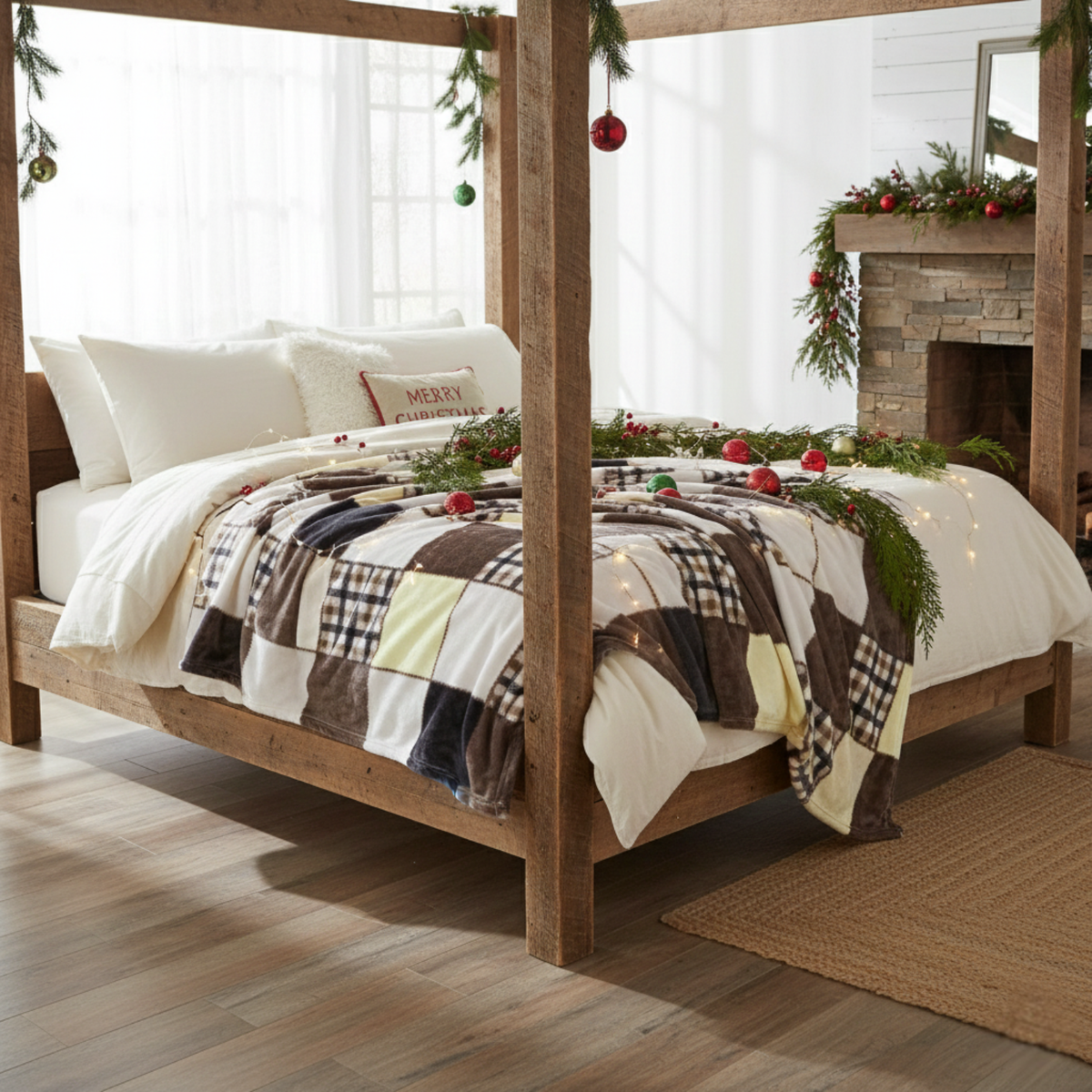 Buttermilk Fall Farmhouse Plaid Patchwork Fleece Throw Blanket – view 3