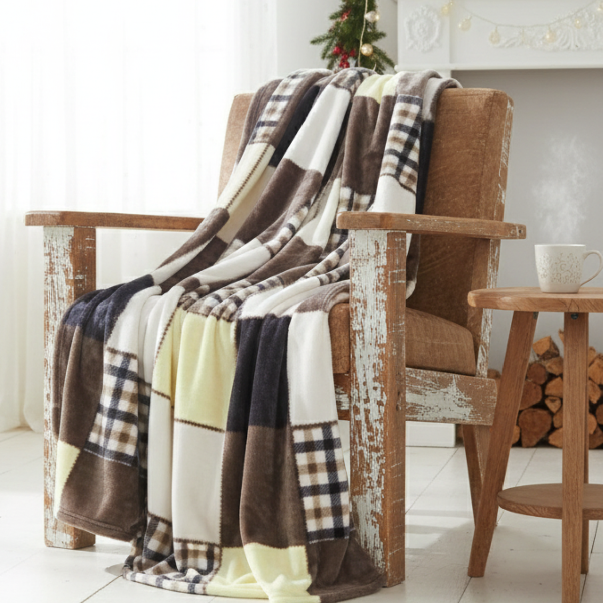 Fleece Patchwork Throw Blanket, Buttermilk Plaid