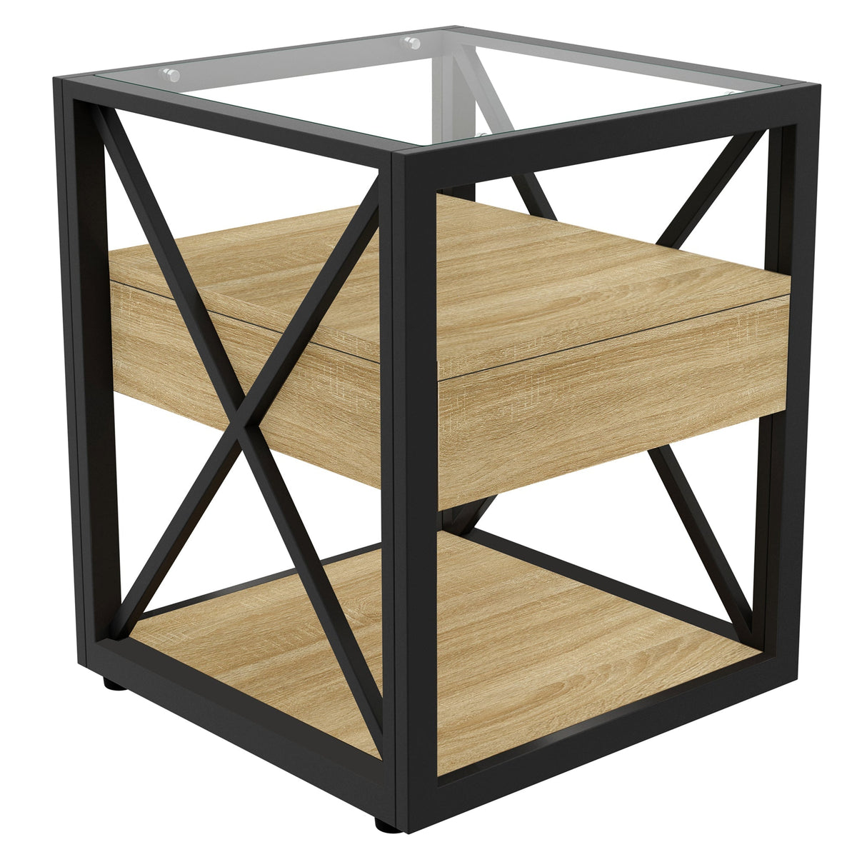 Modern X-Frame End Tables with Drawer and Glass Top, Set of 2 – view 8