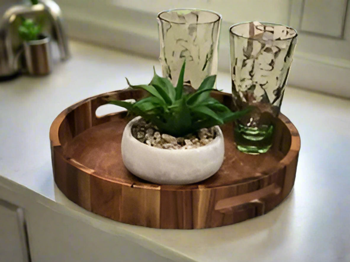 Round Acacia Wood Serving Tray with Handles, 13 to 17 Inch – view 2
