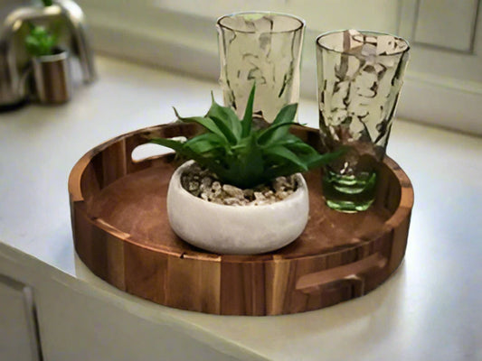 Round Acacia Wood Serving Tray with Handles, 13 to 17 Inch – view 2