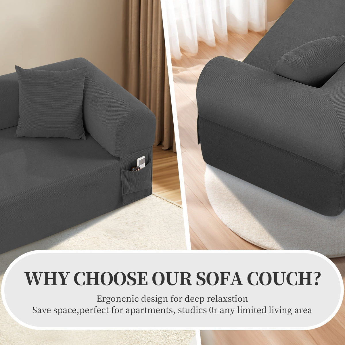 82.5 Inch Gray Fabric Spring Sofa with Storage Pockets and Pillows – view 6