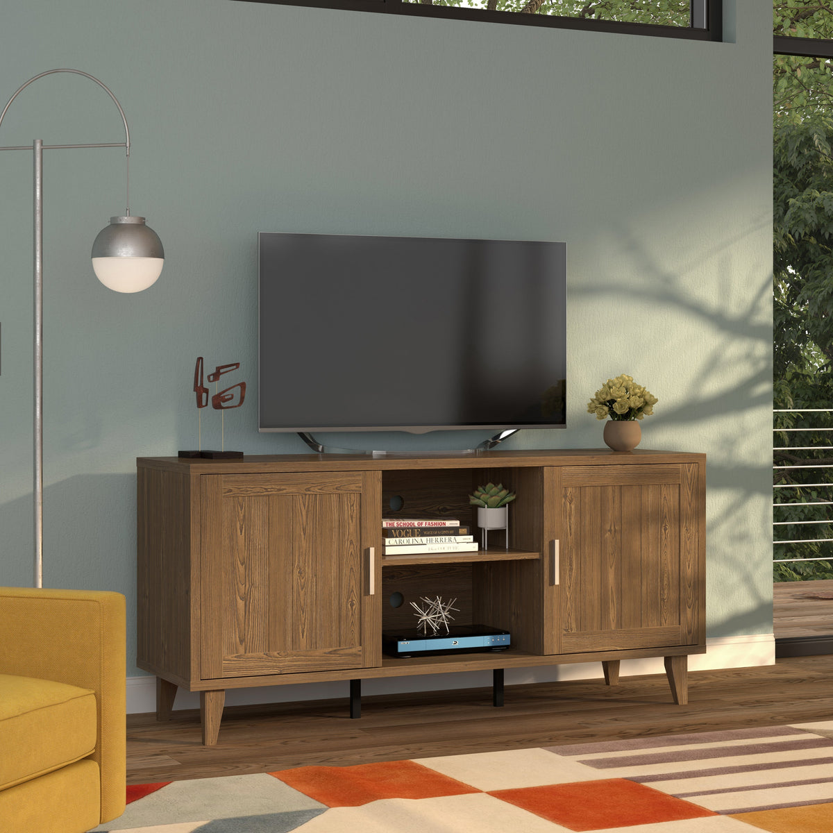 Modern 60 Inch Walnut TV Stand with Storage and Cable Management – view 2