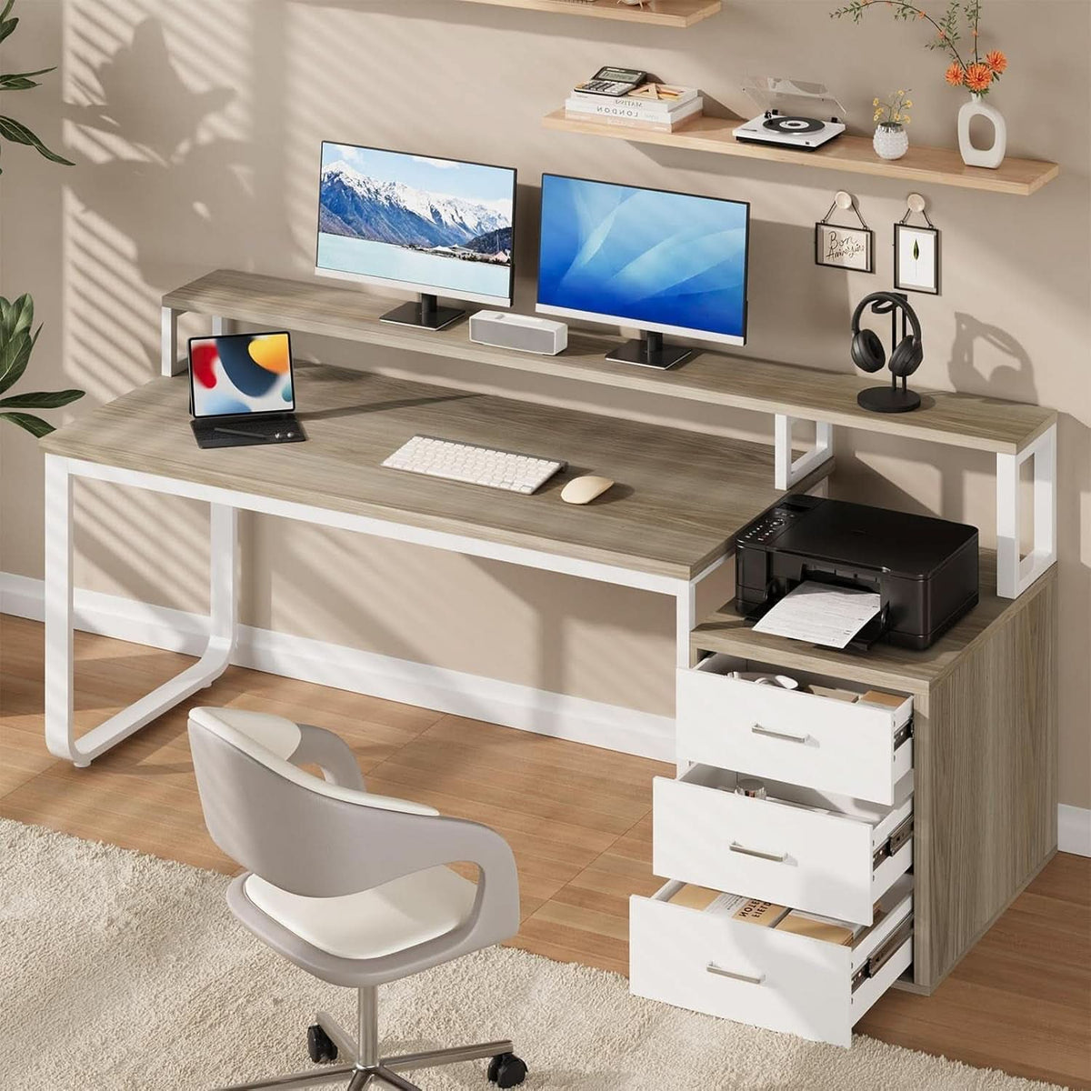 67-Inch White Walnut Computer Desk with Integrated LED Lighting – view 7