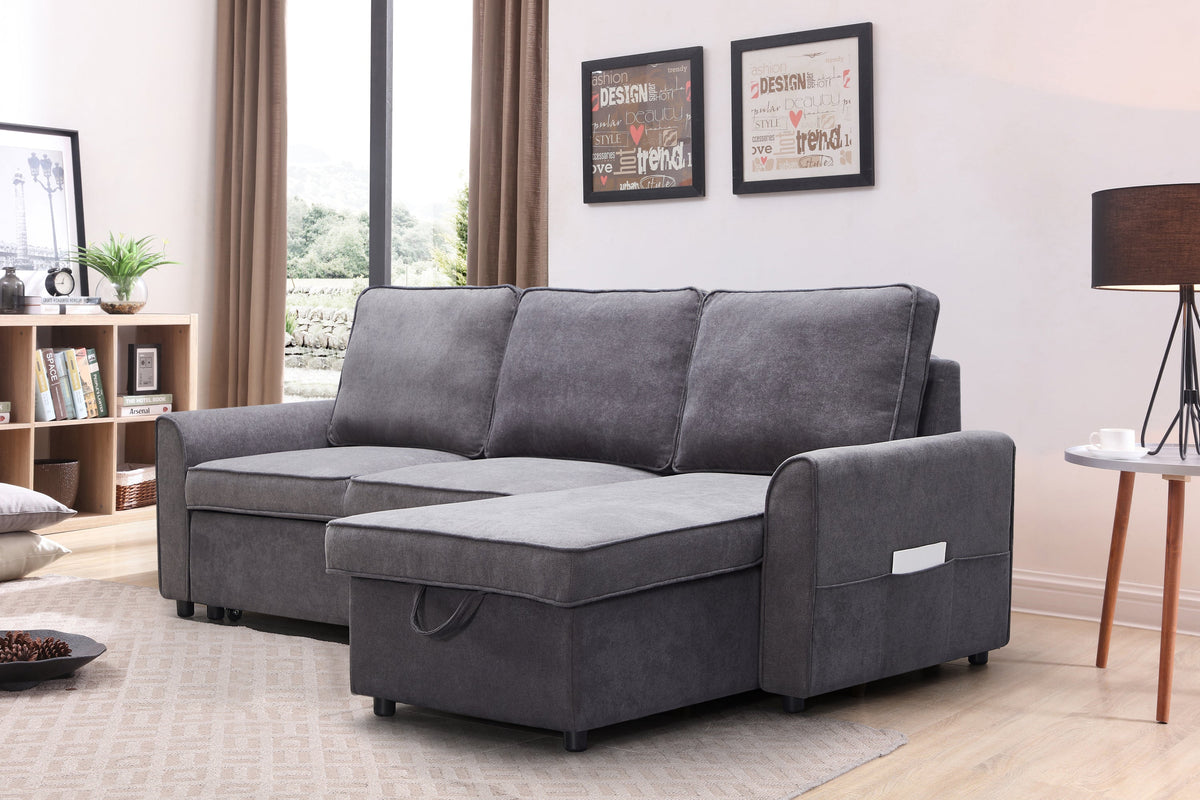 Dark grey linen L-shaped sofa bed with storage chaise in a modern living room