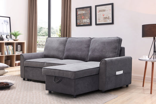 Dark grey linen L-shaped sofa bed with storage chaise in a modern living room