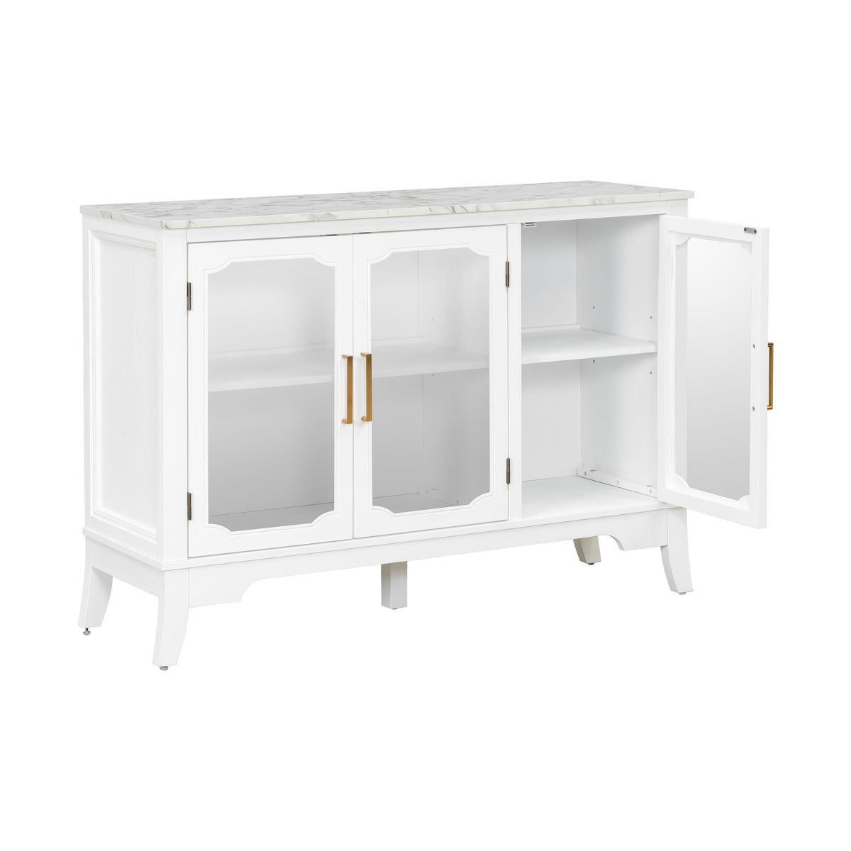 White 3-Door Storage Cabinet with Glass Panels and Gold Handles – view 7
