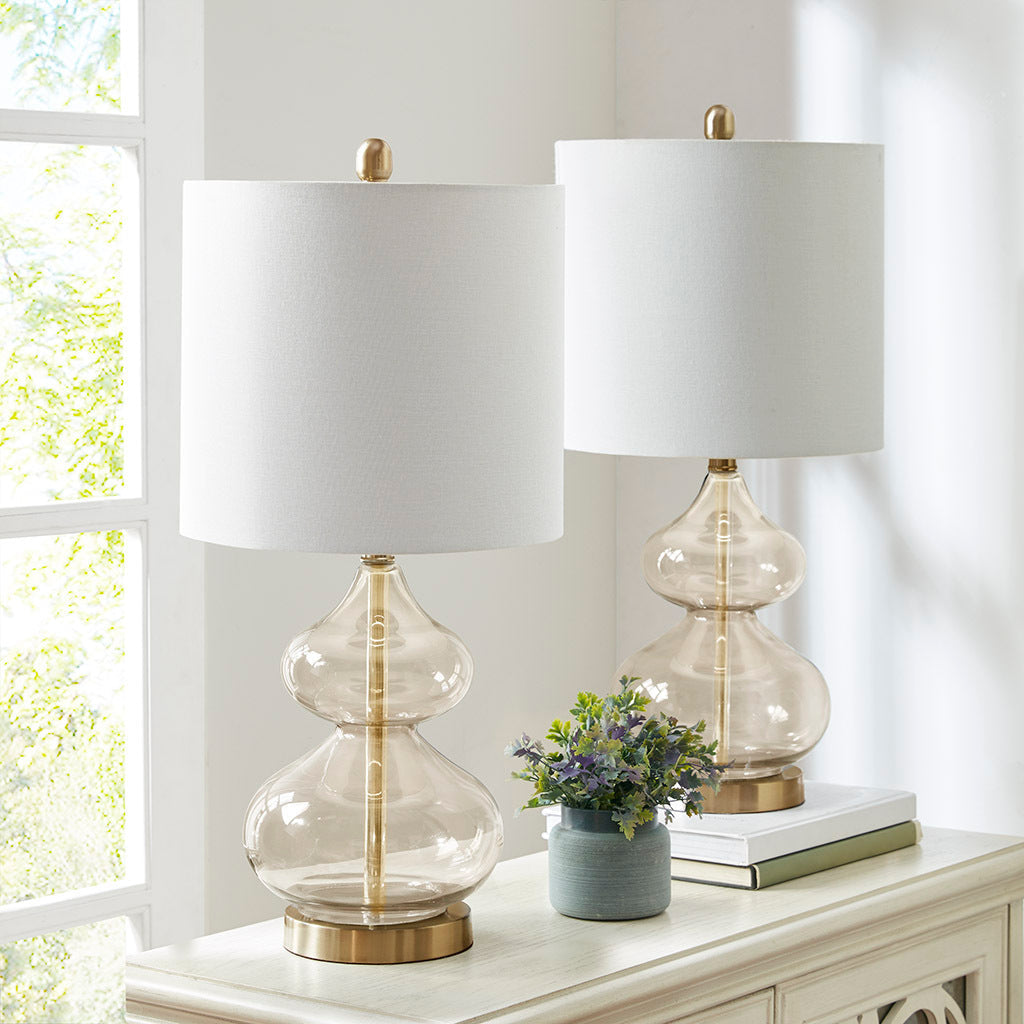 Ellipse Curved Glass Table Lamps with Gold Base, Set of 2, White Shades – view 2