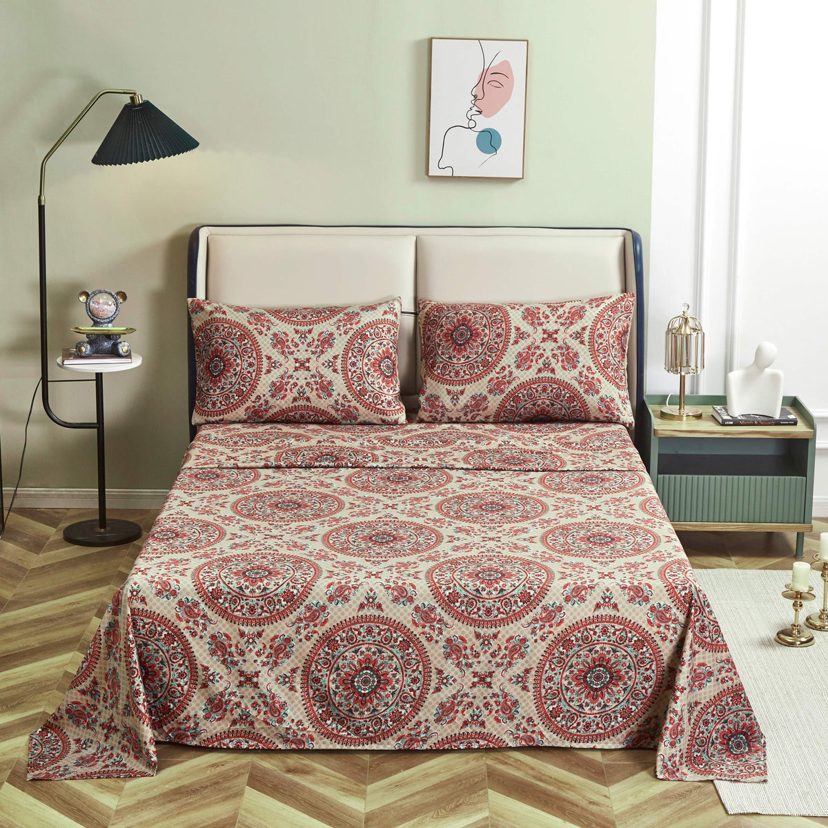 Microfiber Fitted or Flat Sheet, Bohemian Desert Medallion Taupe
