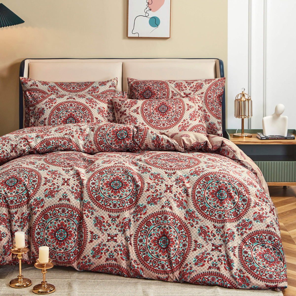 Bohemian Medallion Paisley Reversible Duvet Cover in Orange, Blue, Taupe – view 2