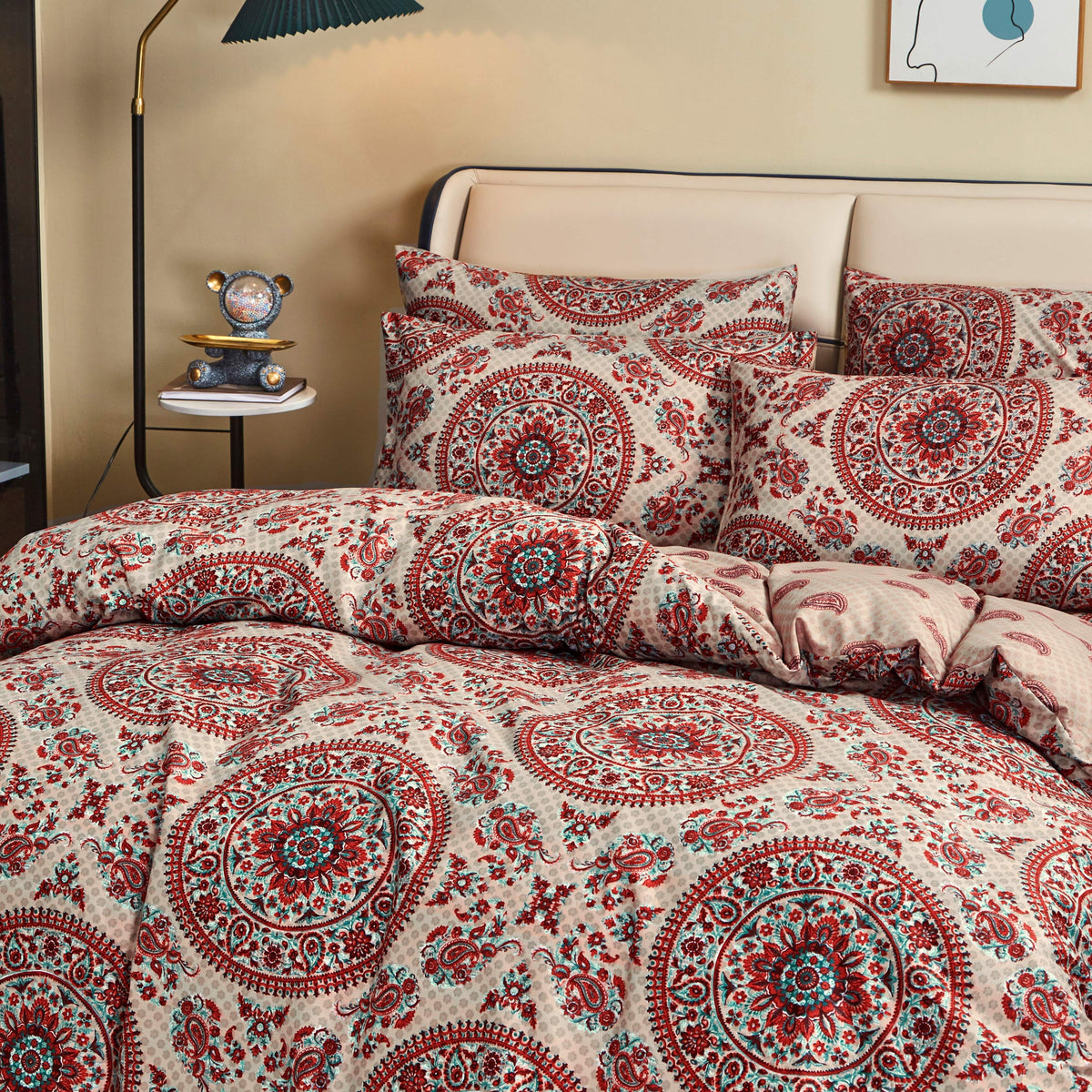 Bohemian Medallion Paisley Reversible Duvet Cover in Orange, Blue, Taupe – view 3