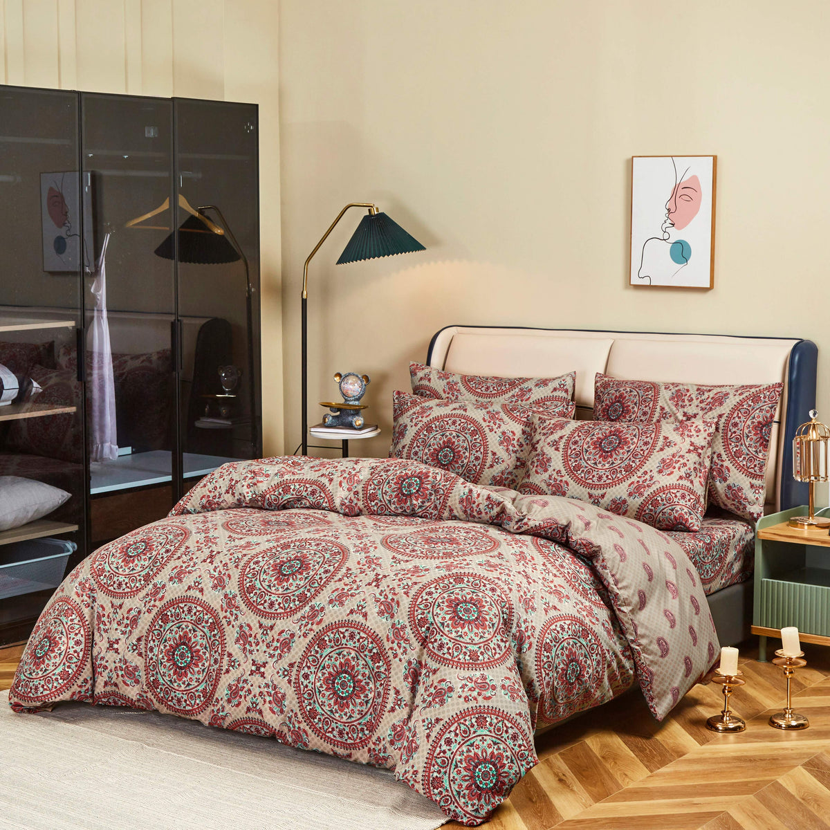 Bohemian Medallion Paisley Reversible Duvet Cover in Orange, Blue, Taupe – view 4