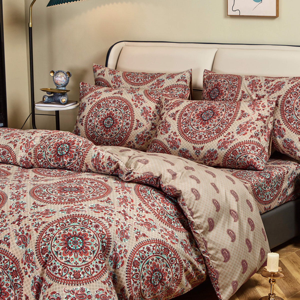 Bohemian Medallion Paisley Reversible Duvet Cover in Orange, Blue, Taupe – view 5