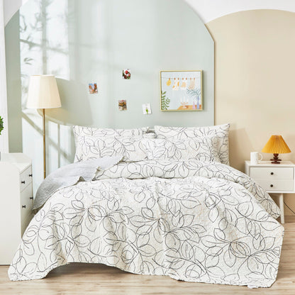 Microfiber Reversible Quilt Set: Abstract Leaf Line Art