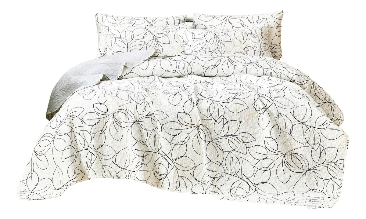 Modern Abstract Leaf Line Art Reversible Quilt Set in White, Grey and Gold – view 13