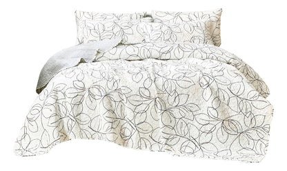Modern Abstract Leaf Line Art Reversible Quilt Set in White, Grey and Gold – view 13