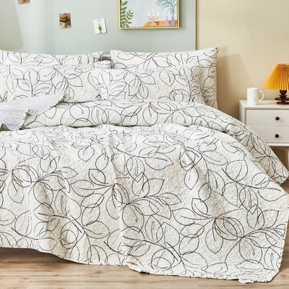 Modern Abstract Leaf Line Art Reversible Quilt Set in White, Grey and Gold – view 3