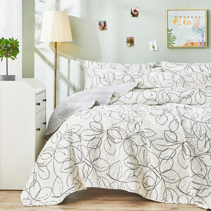 Modern Abstract Leaf Line Art Reversible Quilt Set in White, Grey and Gold – view 4
