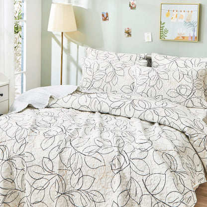 Modern Abstract Leaf Line Art Reversible Quilt Set in White, Grey and Gold – view 6