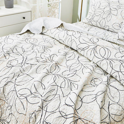 Modern Abstract Leaf Line Art Reversible Quilt Set in White, Grey and Gold – view 7