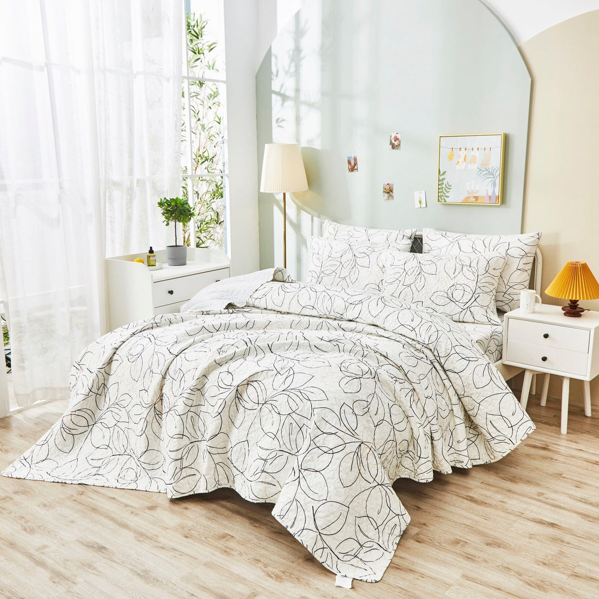 Modern Abstract Leaf Line Art Reversible Quilt Set in White, Grey and Gold – view 2