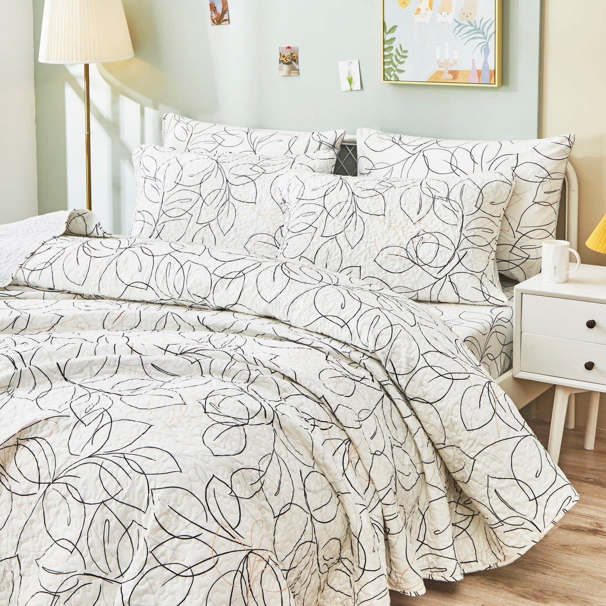 Modern Abstract Leaf Line Art Reversible Quilt Set in White, Grey and Gold – view 5