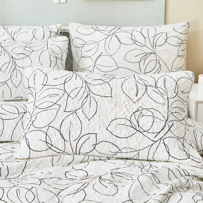 Modern Abstract Leaf Line Art Reversible Quilt Set in White, Grey and Gold – view 8