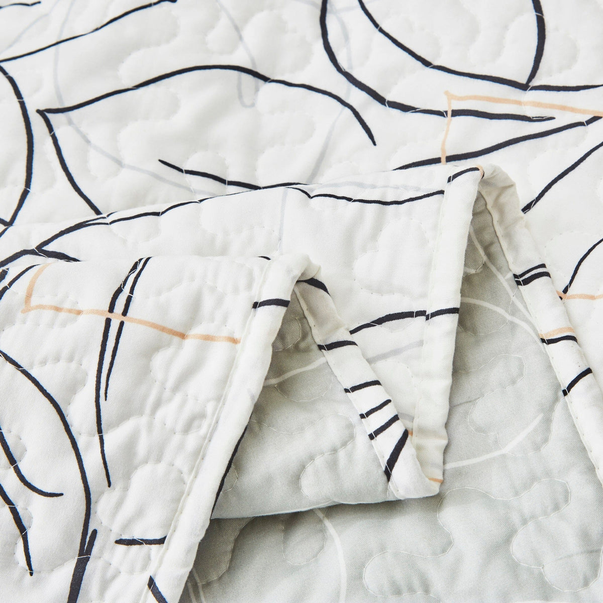 Modern Abstract Leaf Line Art Reversible Quilt Set in White, Grey and Gold – view 10