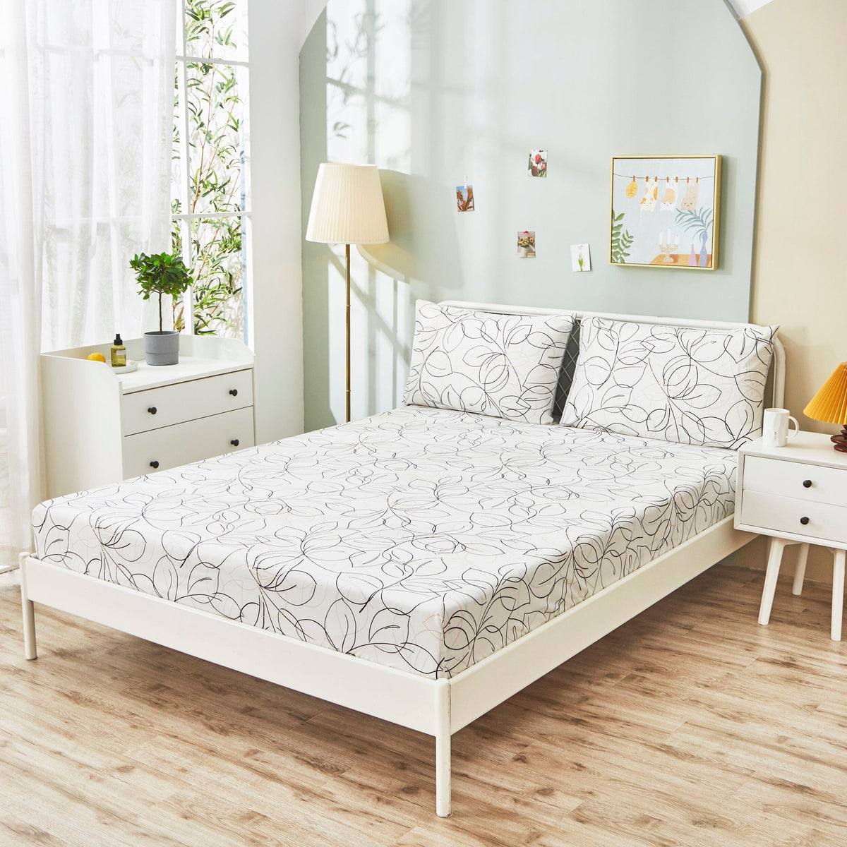 Modern Abstract Leaf Line Art White Microfiber Fitted or Flat Sheet – view 6
