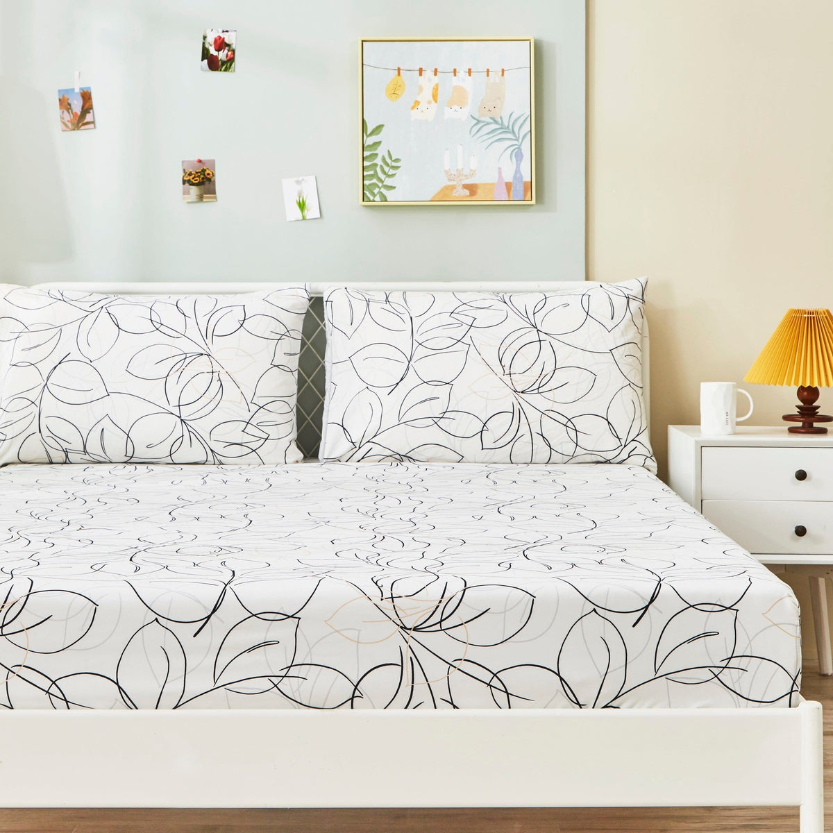 Modern Abstract Leaf Line Art White Microfiber Fitted or Flat Sheet – view 4