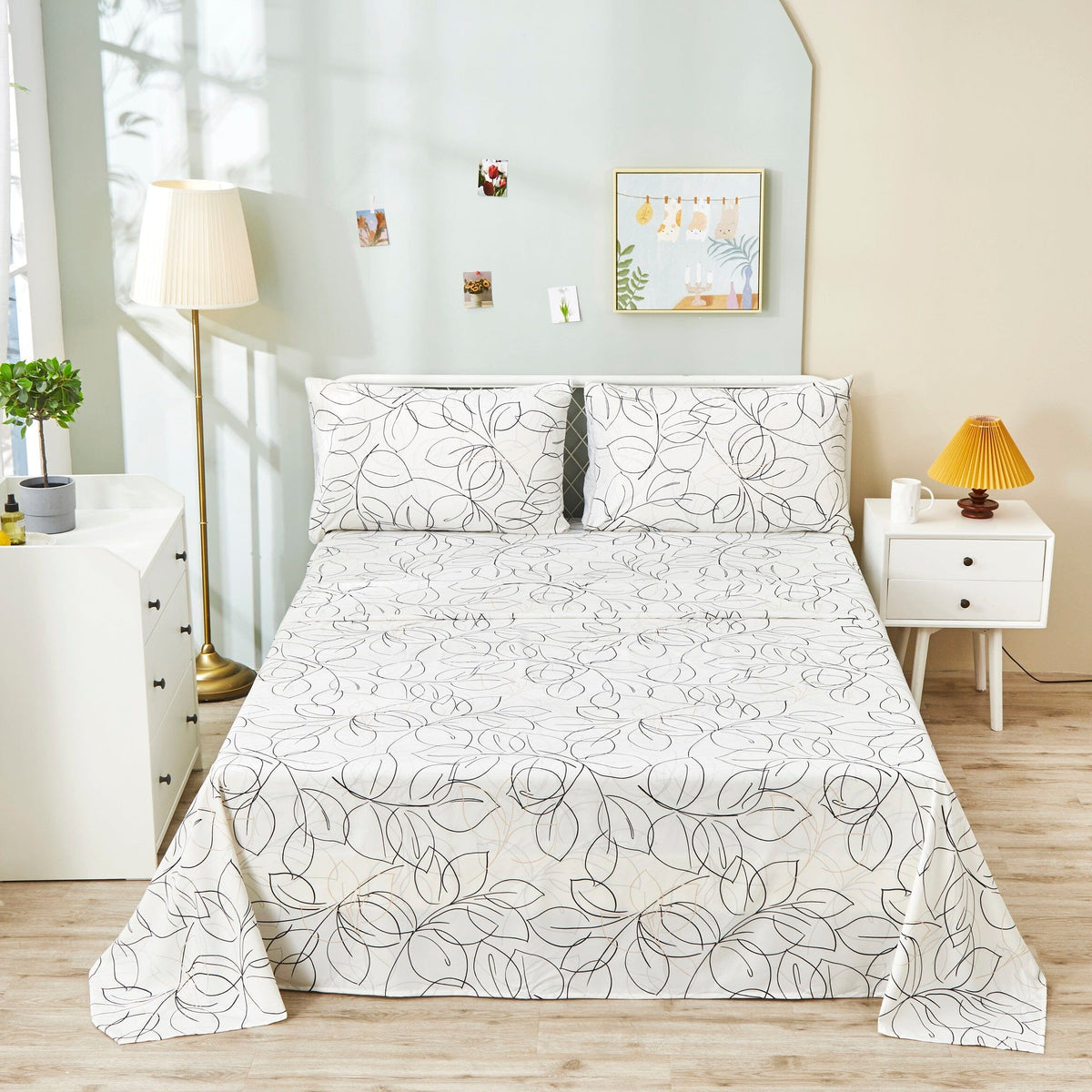 Tache Modern Abstract Leaf Line Art Foliage White Grey Black Gold Fitted Sheet / Flat Sheet (TJ3571)