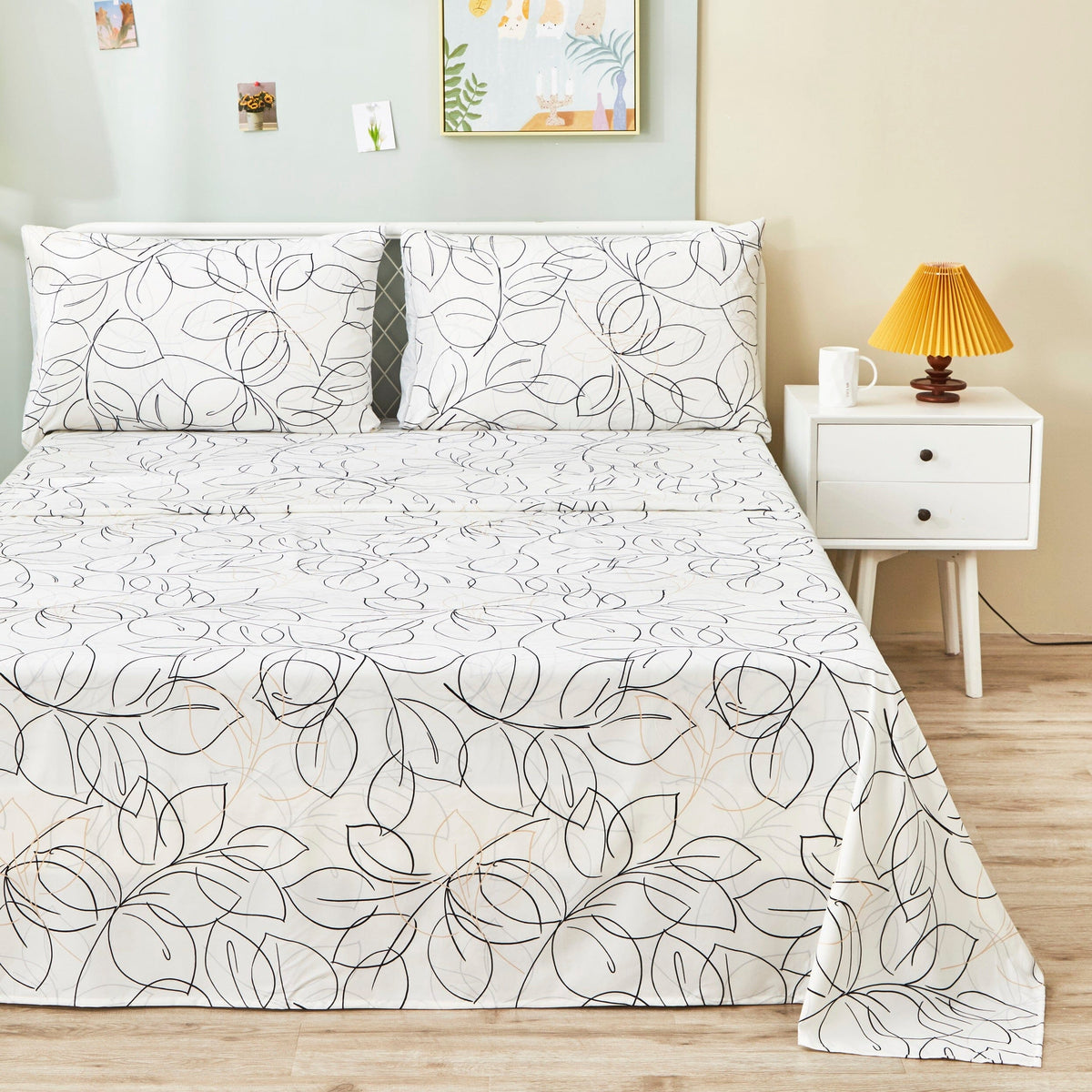 Modern Abstract Leaf Line Art White Microfiber Fitted or Flat Sheet – view 3