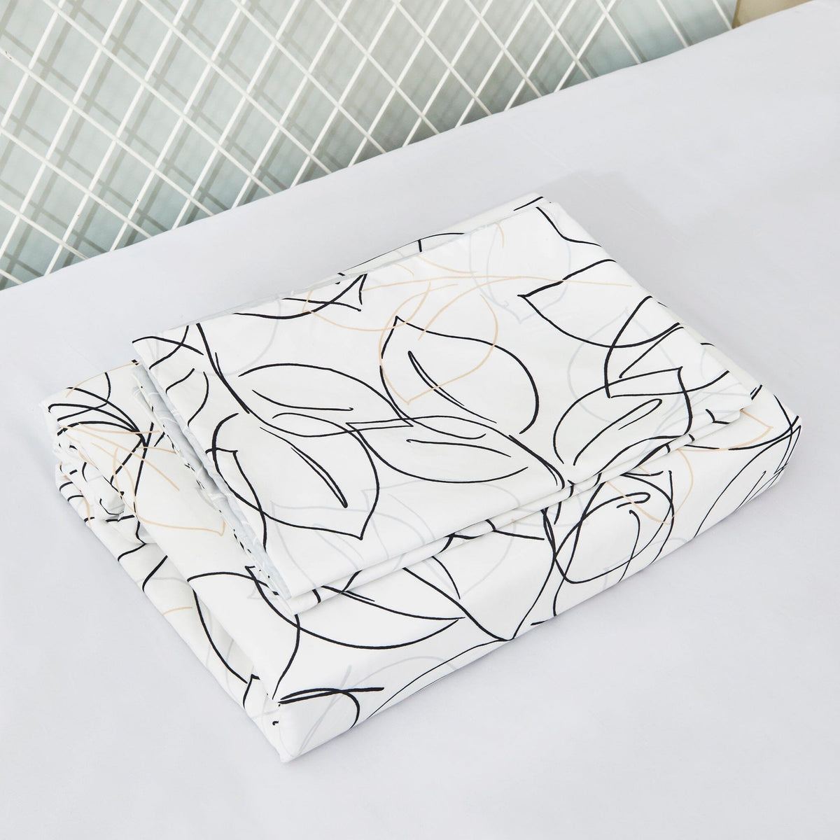 Modern Abstract Leaf Line Art White Microfiber Fitted or Flat Sheet – view 13