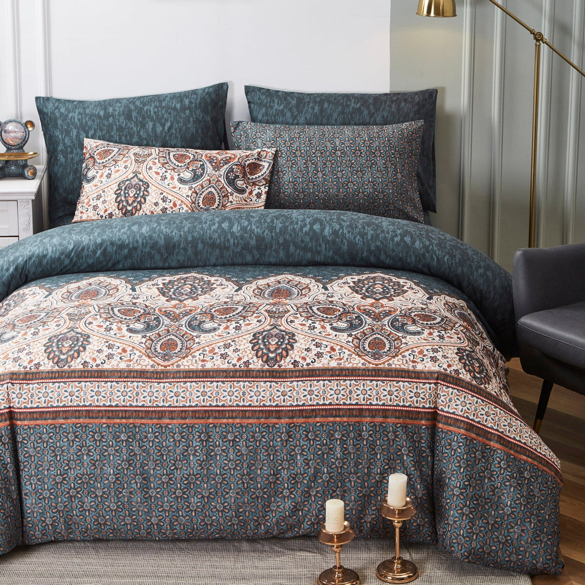 Rustic Paisley Mandala Watercolor Duvet Cover in Dark Teal – view 7