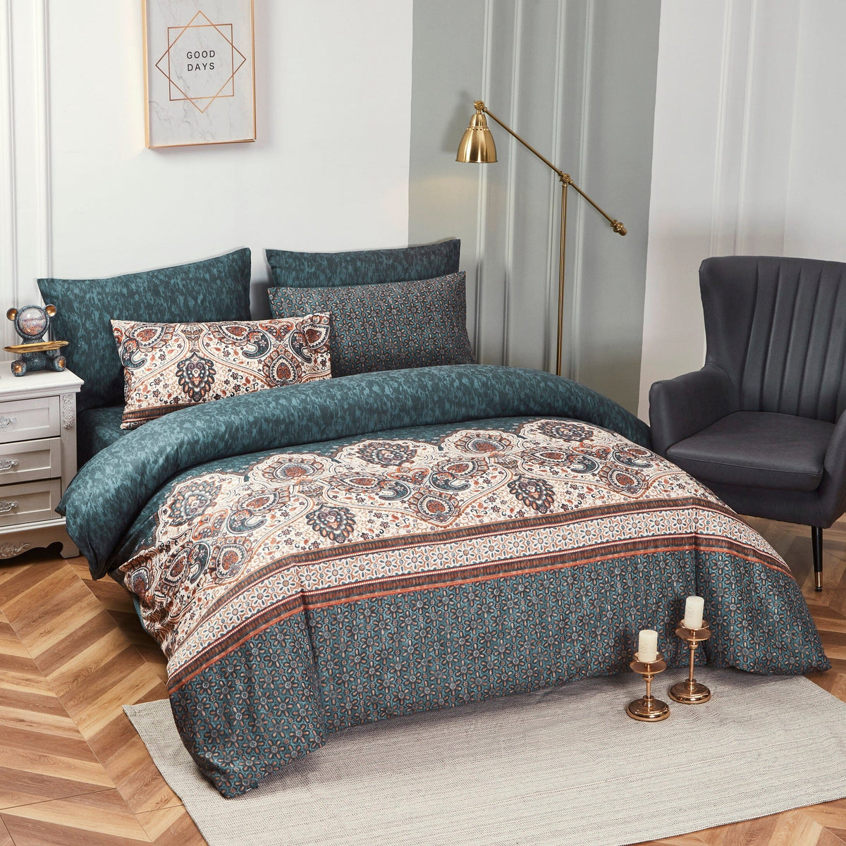 Rustic Paisley Mandala Watercolor Duvet Cover in Dark Teal – view 5