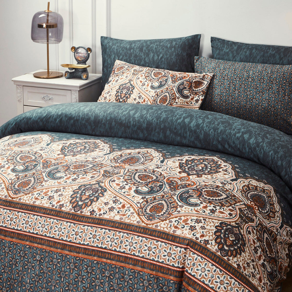 Rustic Paisley Mandala Watercolor Duvet Cover in Dark Teal – view 8