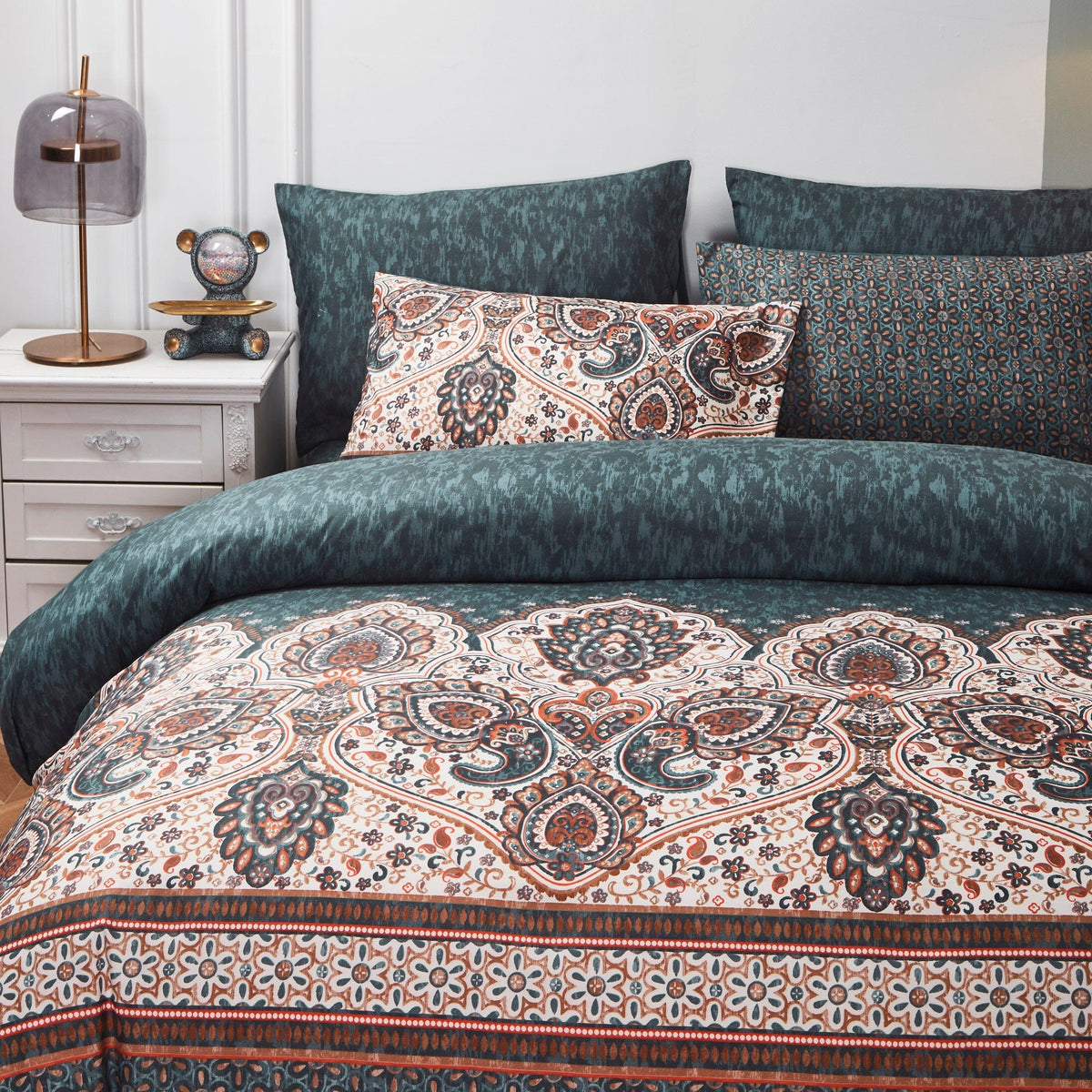 Rustic Paisley Mandala Watercolor Duvet Cover in Dark Teal – view 9