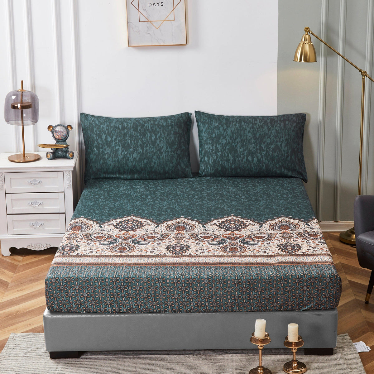 Rustic Paisley Mandala Dark Teal Microfiber Fitted or Flat Sheet – view 2