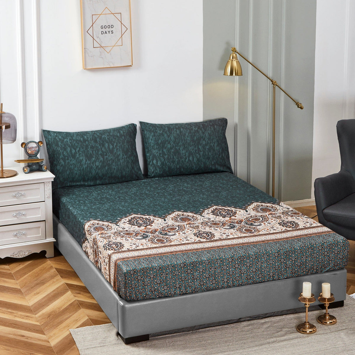 Rustic Paisley Mandala Dark Teal Microfiber Fitted or Flat Sheet – view 9