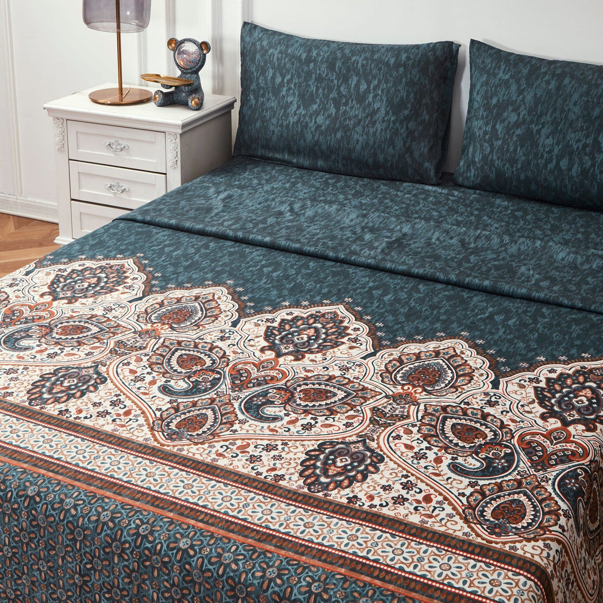 Rustic Paisley Mandala Dark Teal Microfiber Fitted or Flat Sheet – view 6