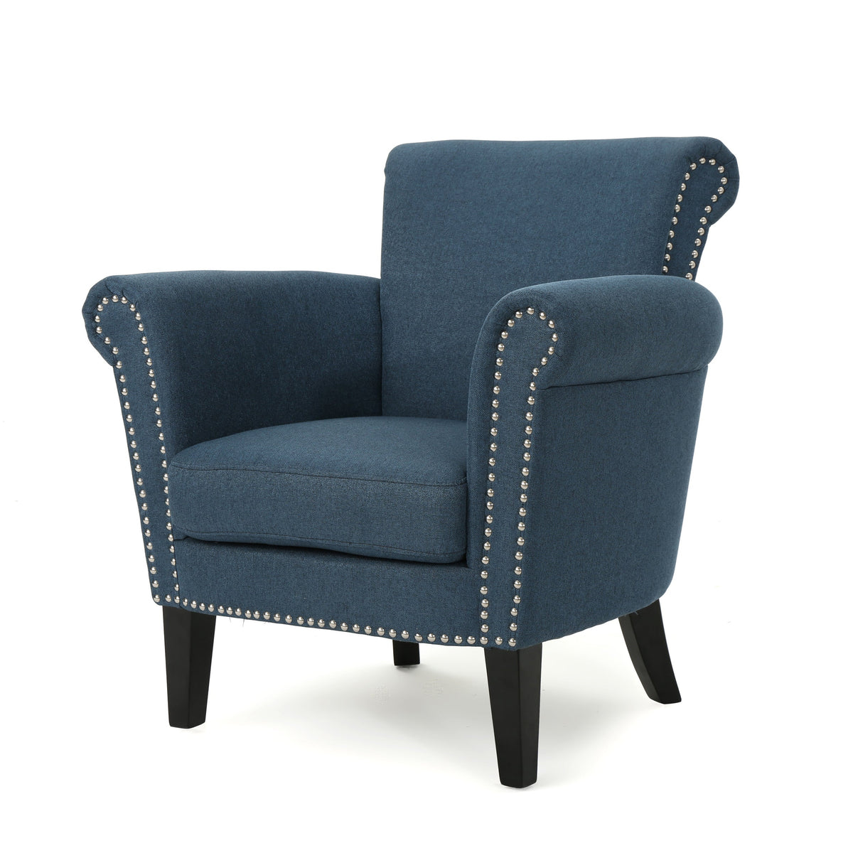 Navy blue fabric club chair with nailhead trim and birch wood legs in a living room