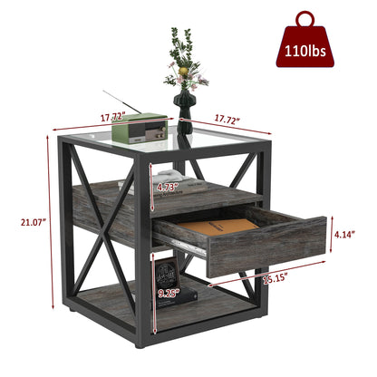 Industrial End Tables with Drawer and Glass Top, Set of 2 Nightstands – view 6