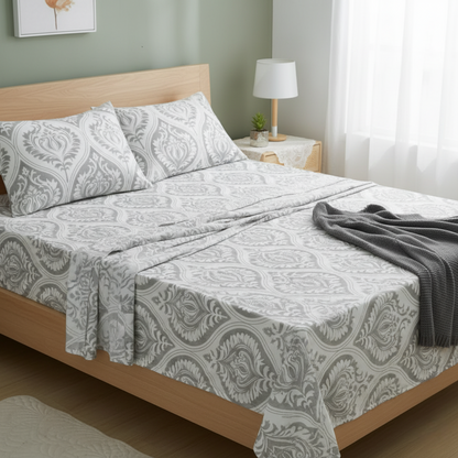 Dreamy Moon Sky Ogee Damask Gray and White Bed Sheet Set – view 9