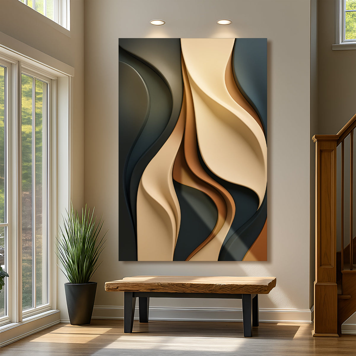 Vertical modern abstract minimalist canvas wall art in a narrow entryway